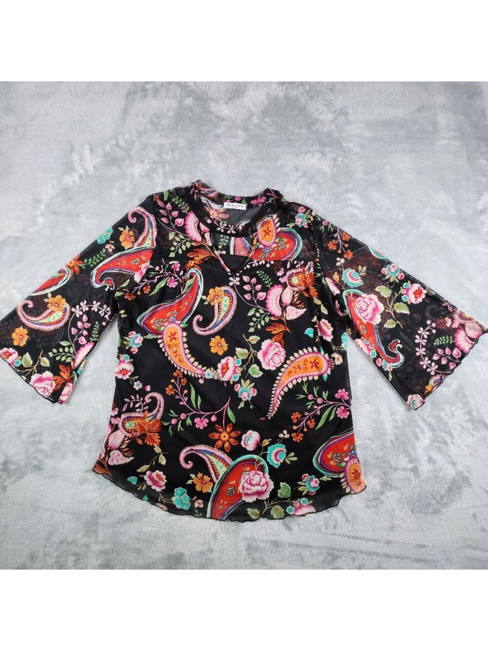 Cha Cha Vente Mesh Paisley Top Large Floral Band Neck Sheer 3/4 Bell Sleeve Boho